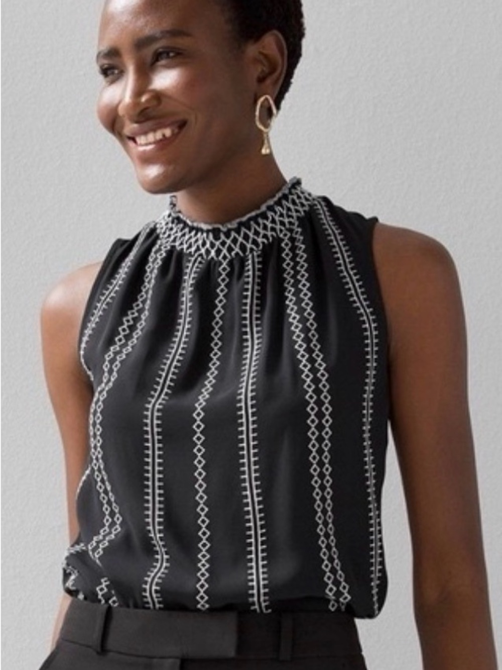 White House Black Market Black Sleeveless Top with White Embroidery